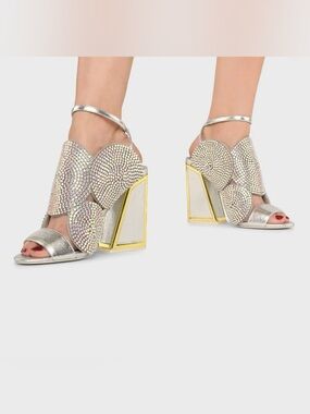 Kat Maconie Silver Frida Crystal-Embellished Block Heel Sandals Resort 2023